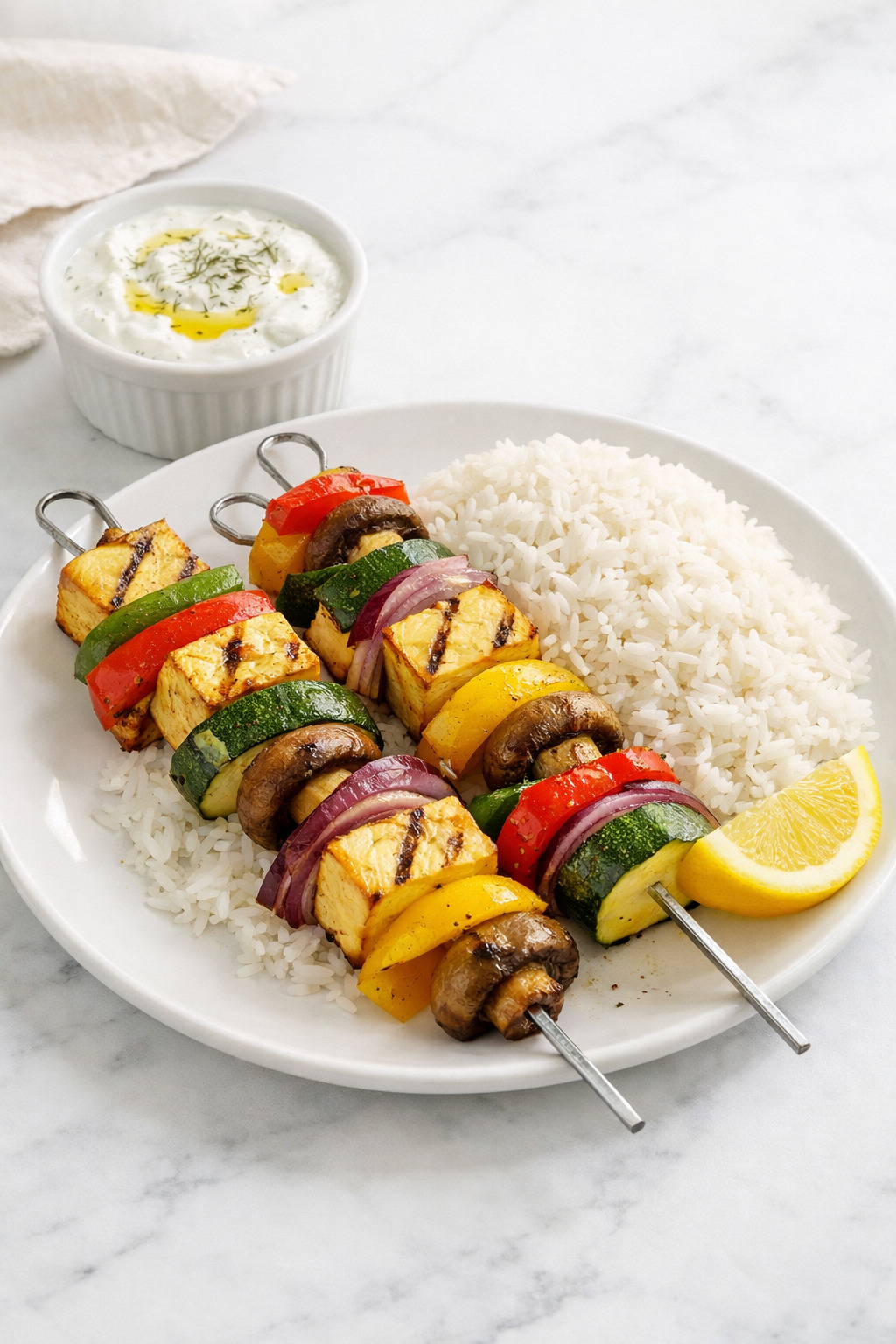 Vegan kebabs served with rice and tzatziki sauce