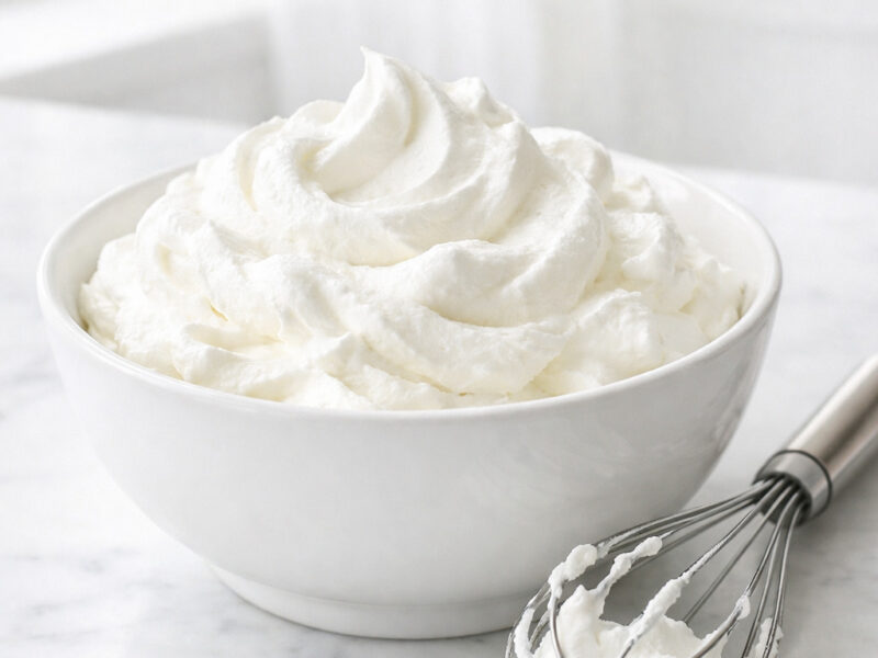 Freshly whipped cream in white bowl