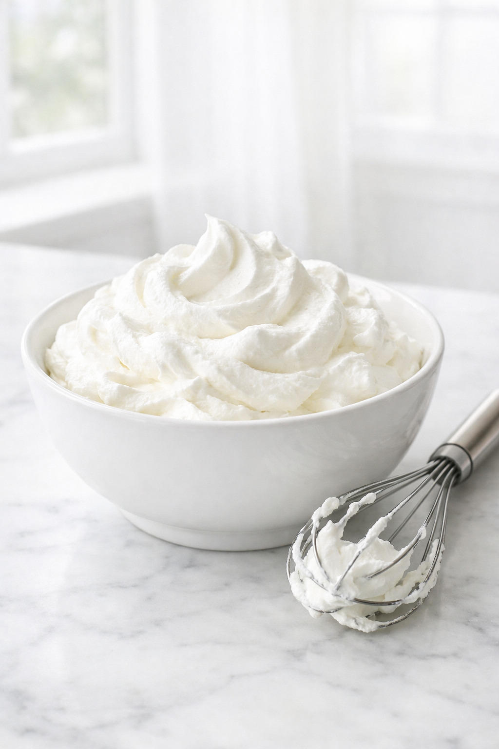 Freshly whipped cream in white bowl