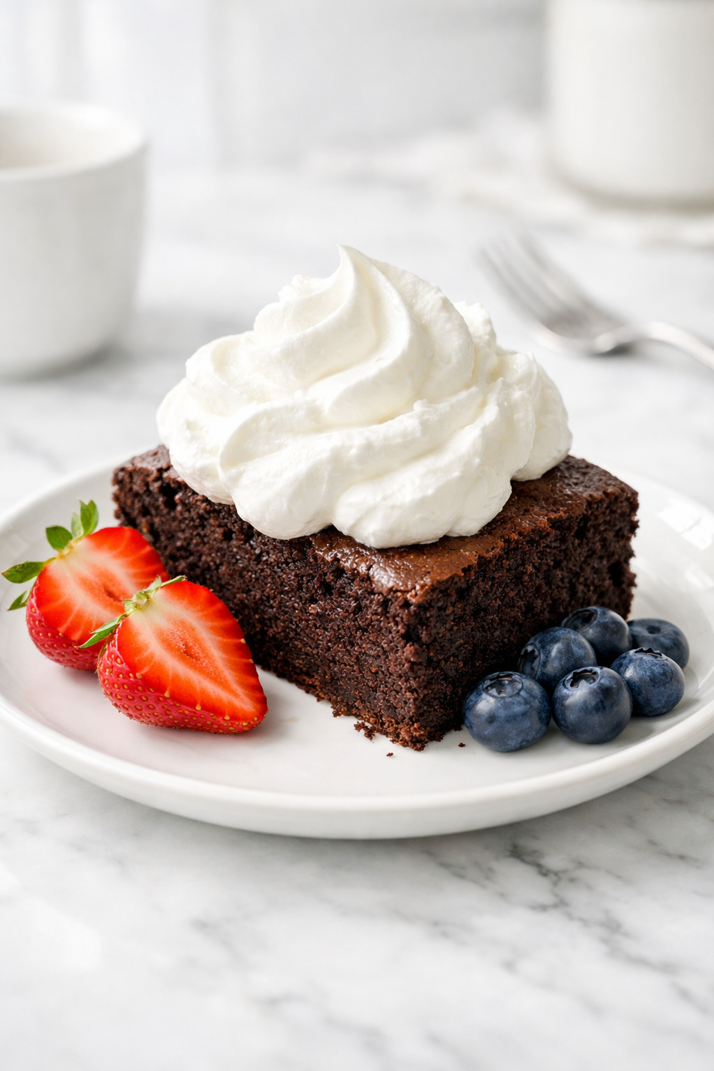 Whipped cream served on chocolate cake with berries