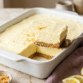 Classic Woolworth no-bake cheesecake in pan showing fluffy lemon filling