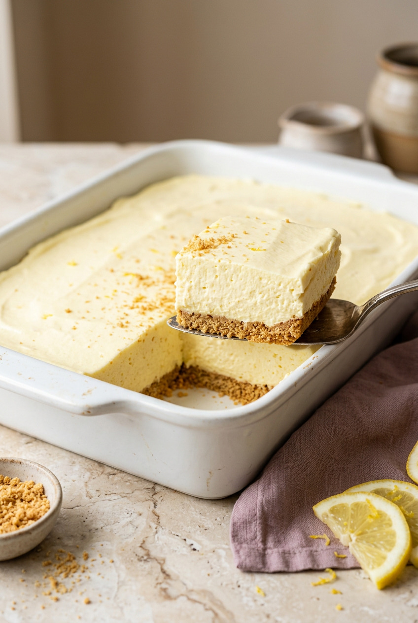 Classic Woolworth no-bake cheesecake in pan showing fluffy lemon filling
