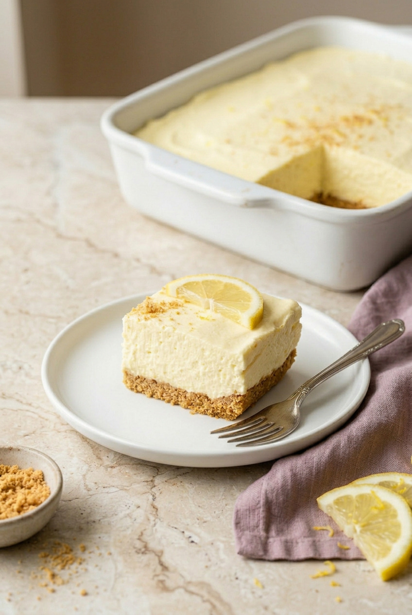 A slice of Woolworth Cheesecake showing fluffy lemon filling and graham cracker crust