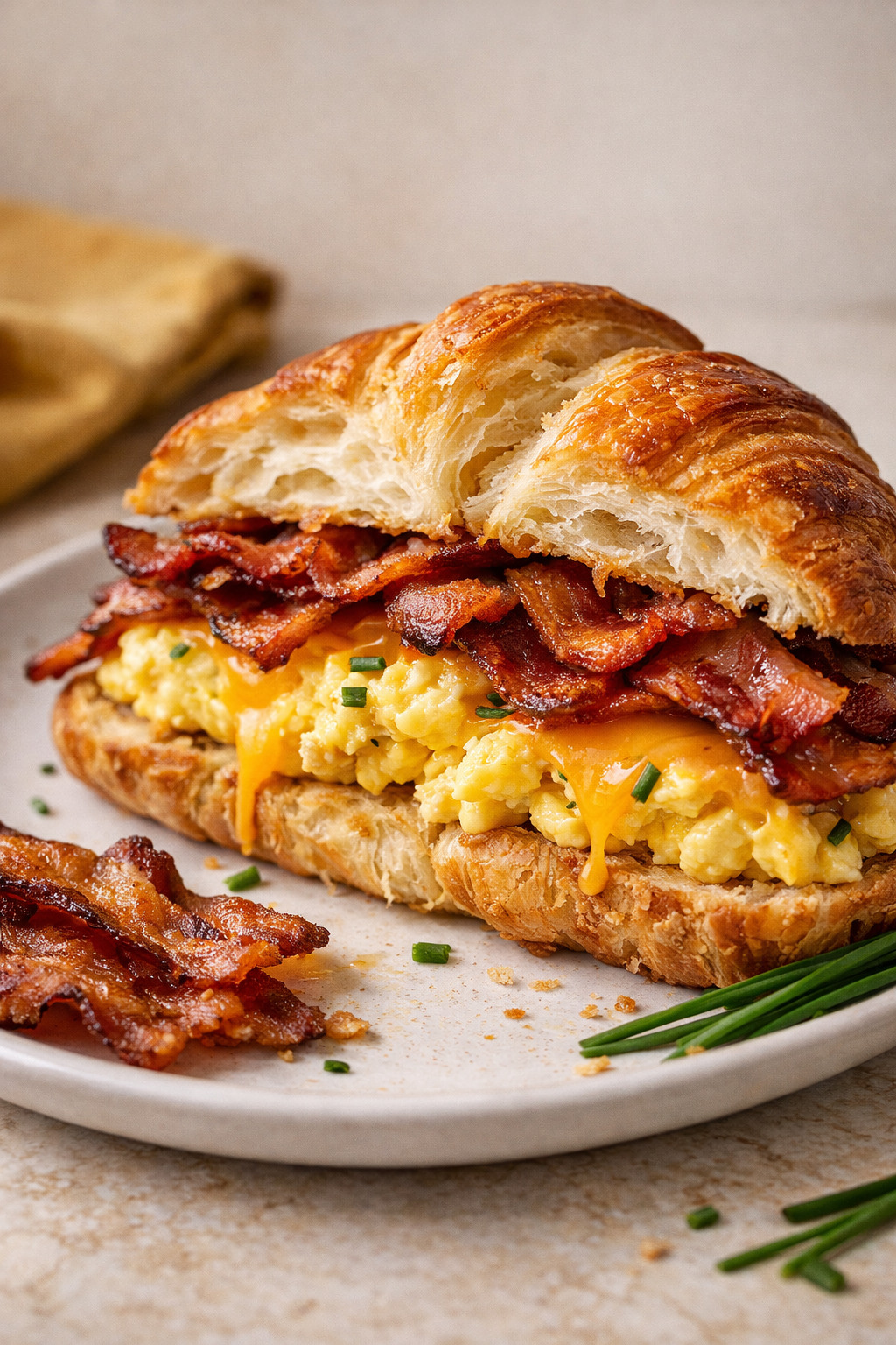 Close-up of bacon egg and cheese croissant with melted cheese