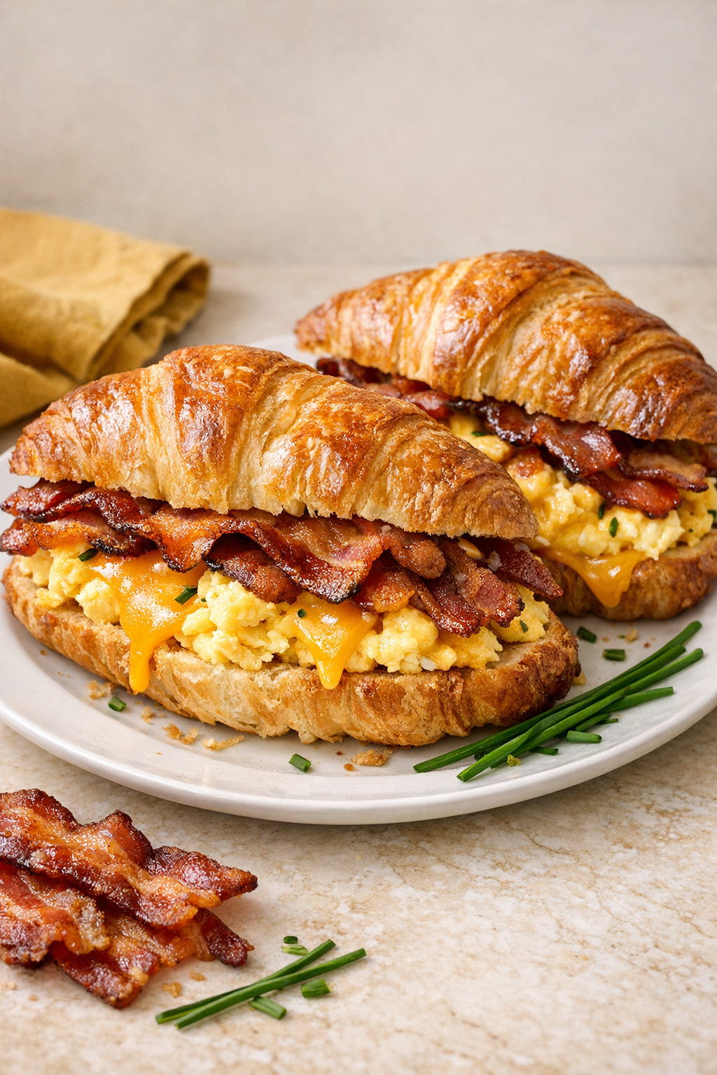 Bacon egg and cheese croissant breakfast sandwich on a white plate