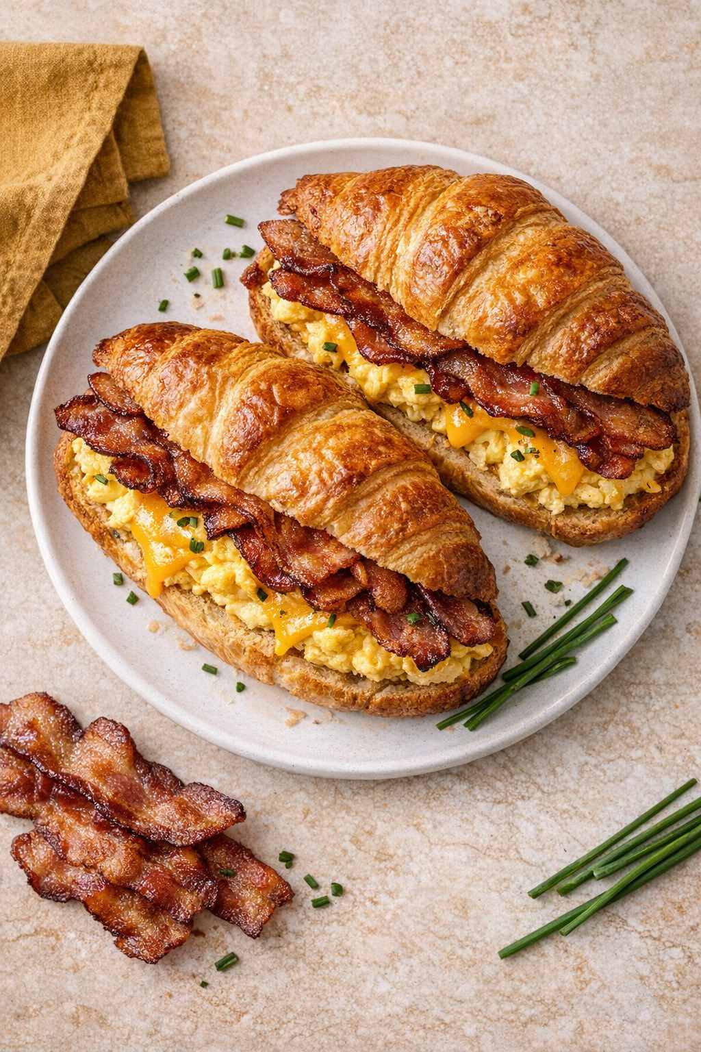 Overhead view of bacon egg and cheese croissant sandwich