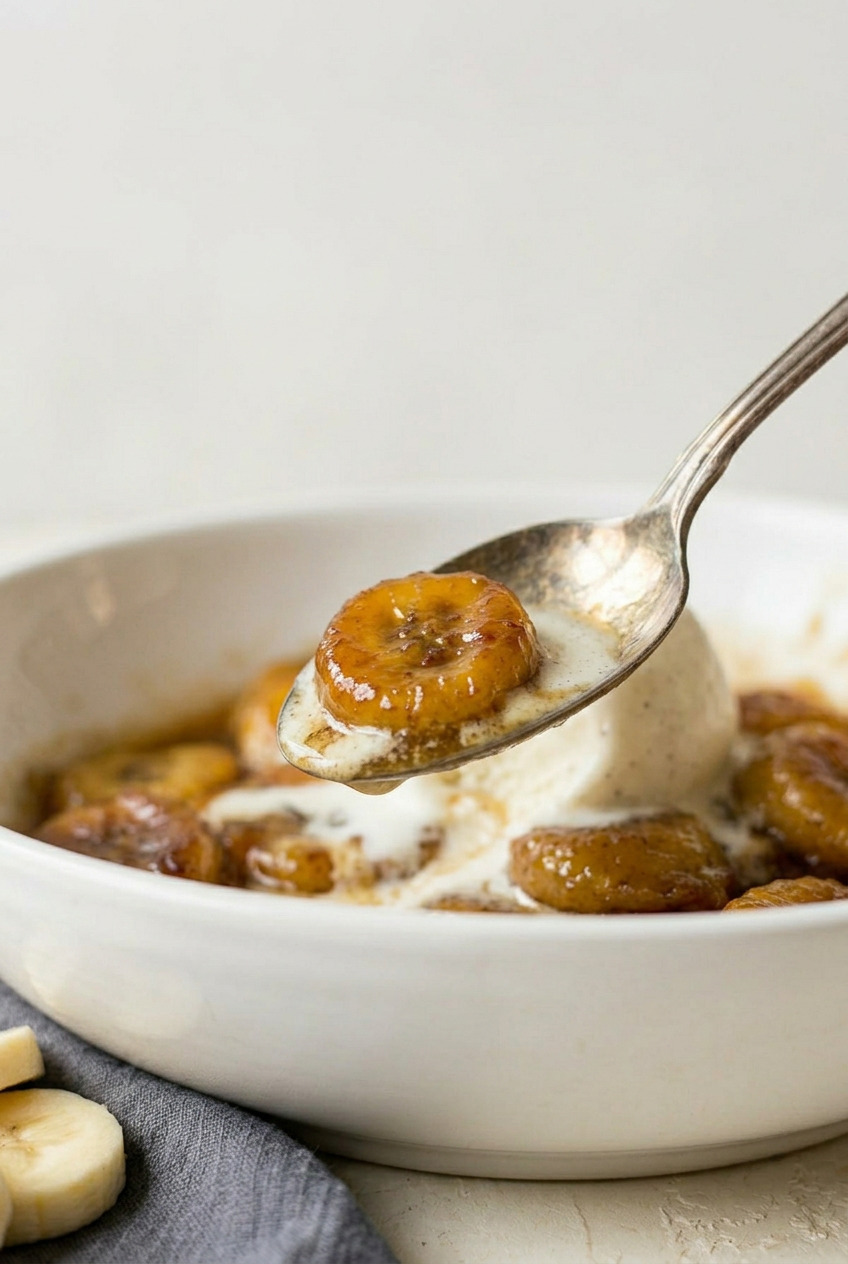 Close-up of caramelized banana slices in brown sugar rum sauce
