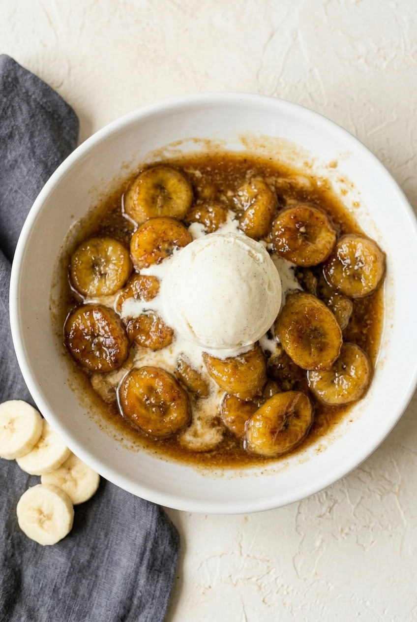 Overhead view of Bananas Foster in a skillet with caramel sauce