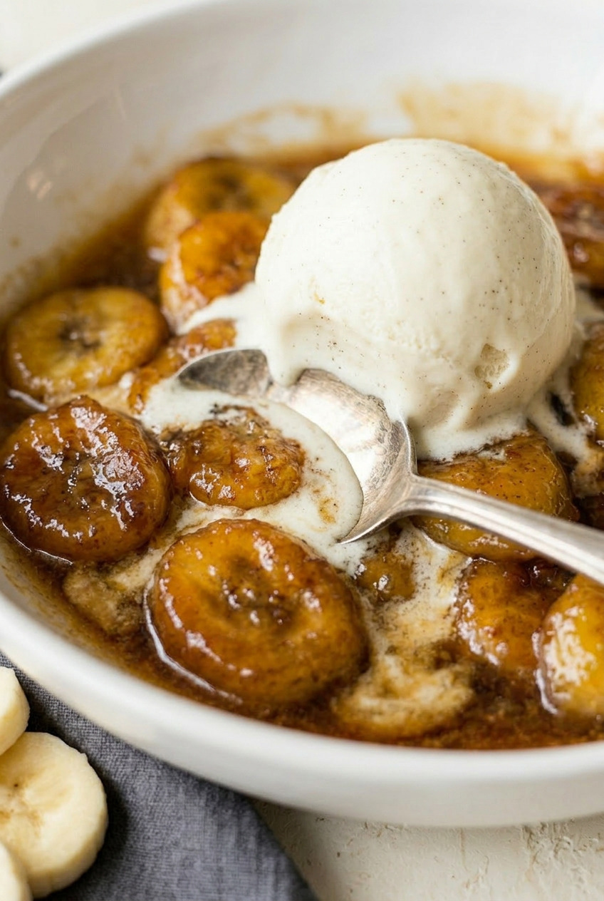 Bananas Foster served over vanilla ice cream on a white plate