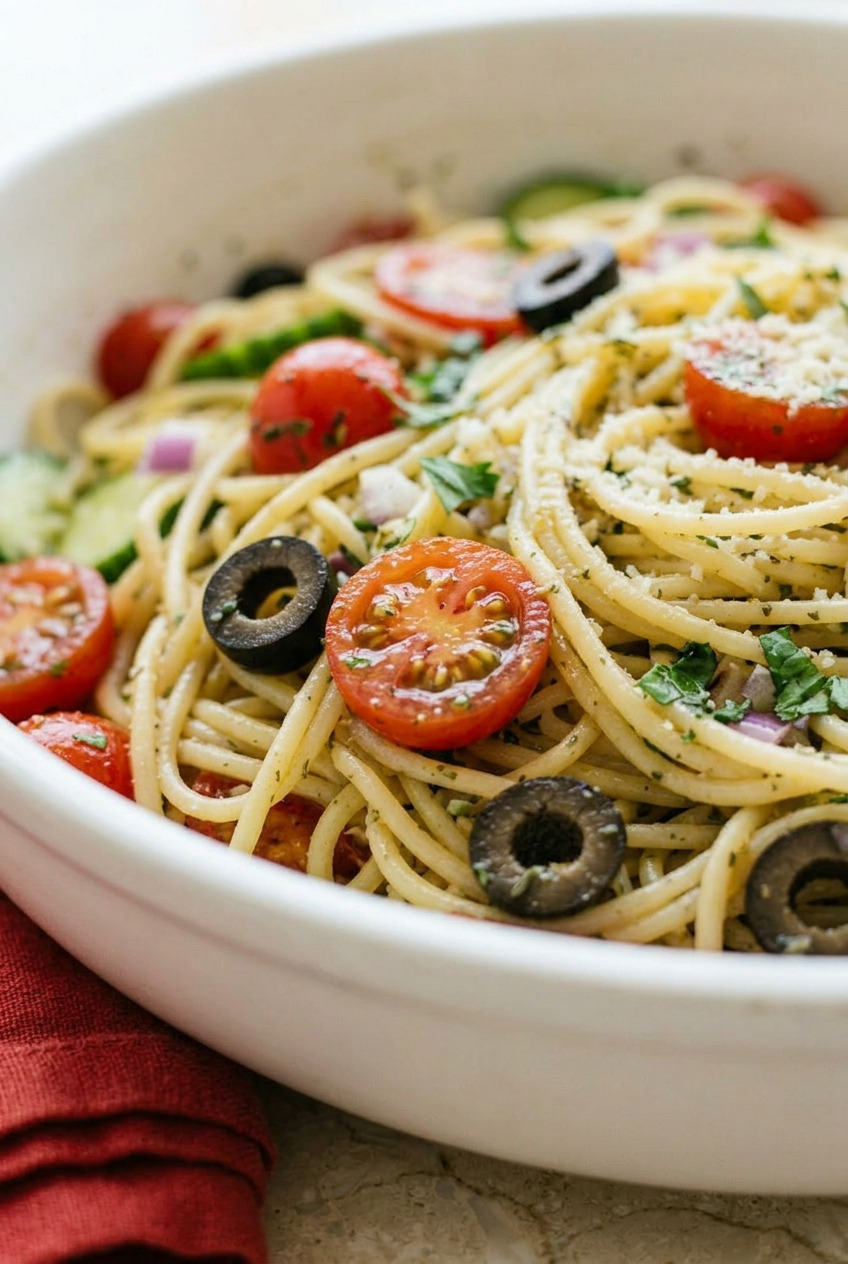 Close-up of California spaghetti salad