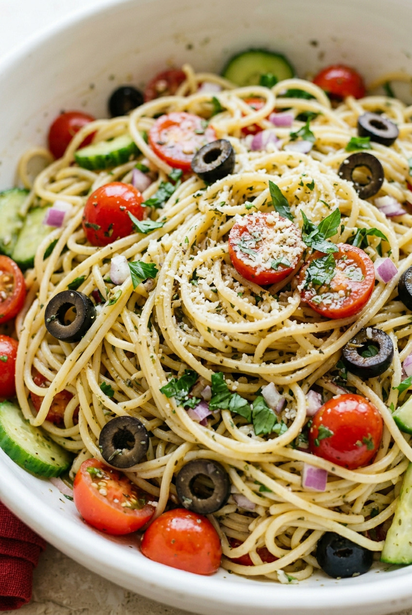 California spaghetti salad in a bowl