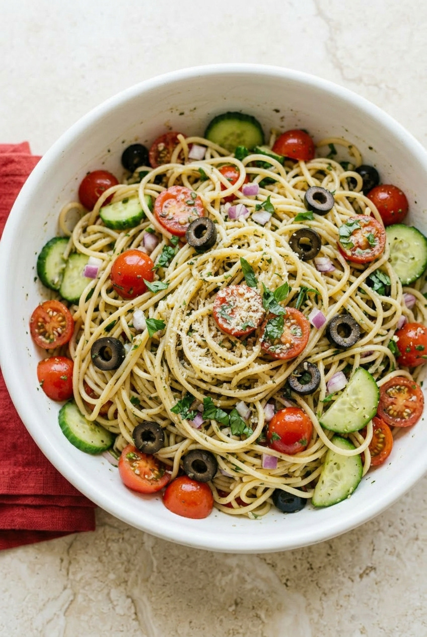 Overhead view of spaghetti salad