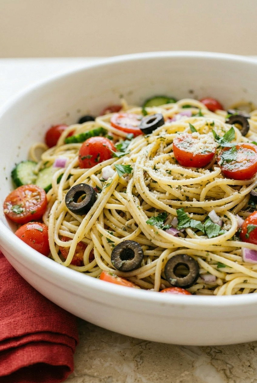 California spaghetti salad served at a barbecue