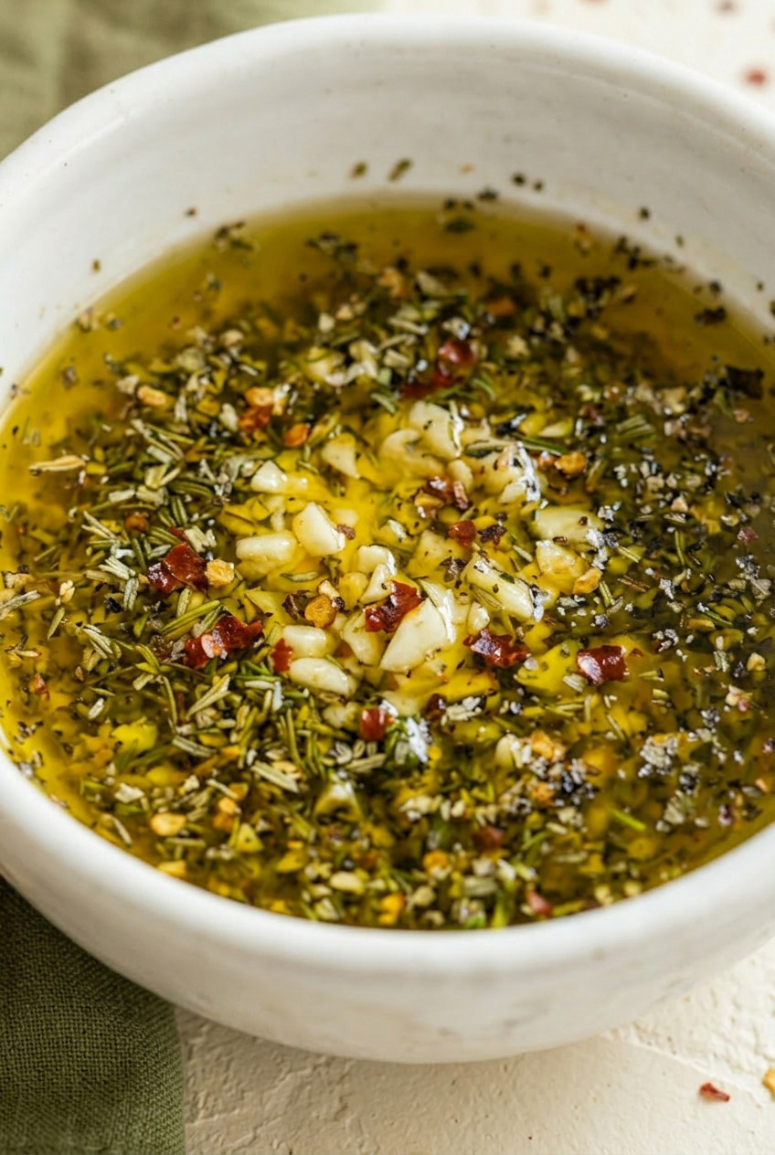 Close-up of olive oil bread dip