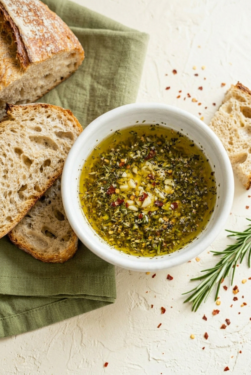 Overhead view of bread dip with herbs