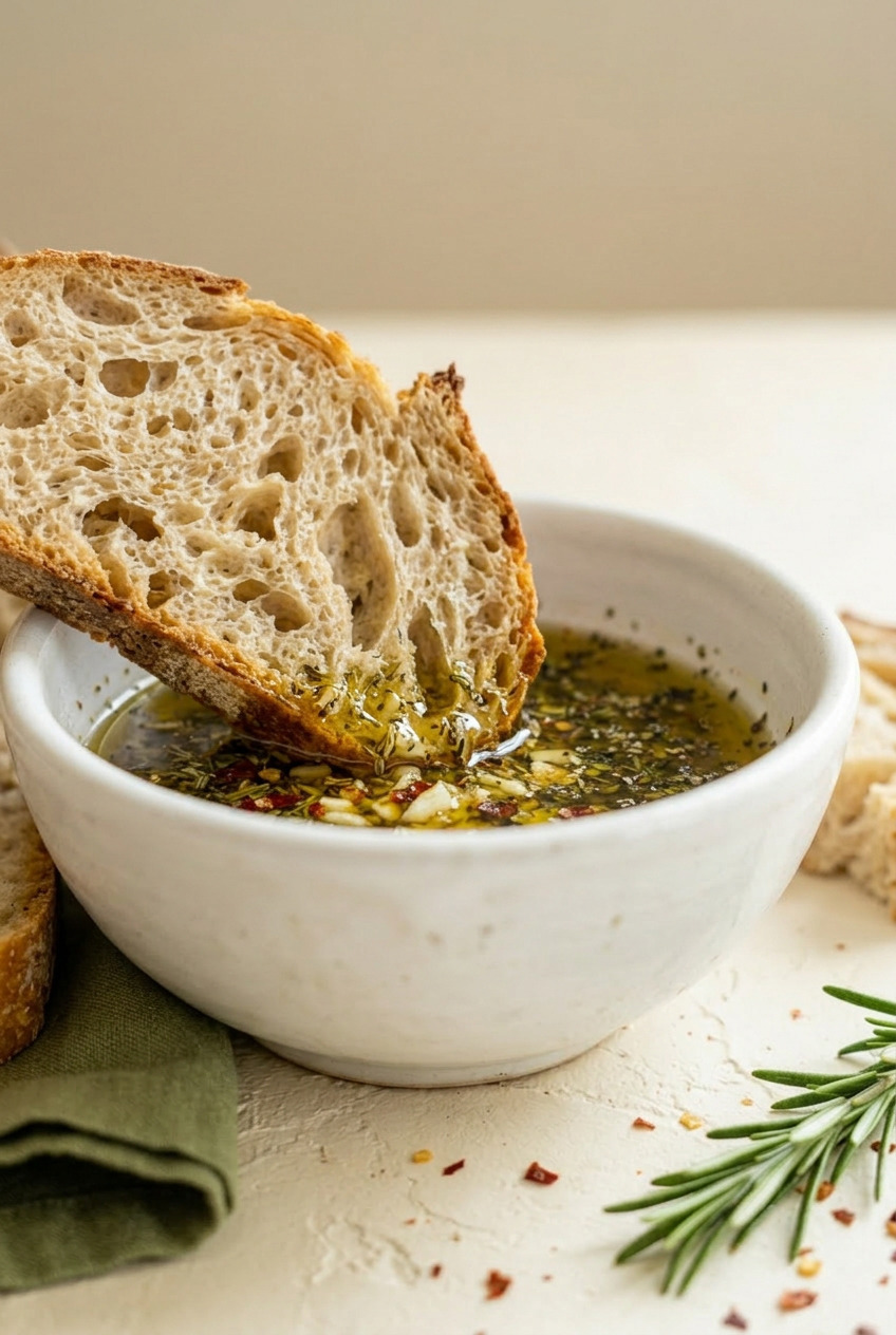 Bread being dipped in herb olive oil