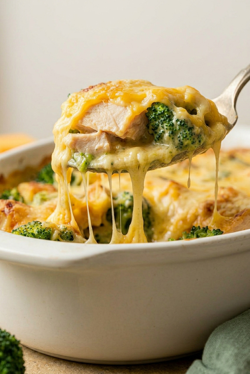 Close-up scoop of chicken divan showing creamy sauce chicken and broccoli under golden crust