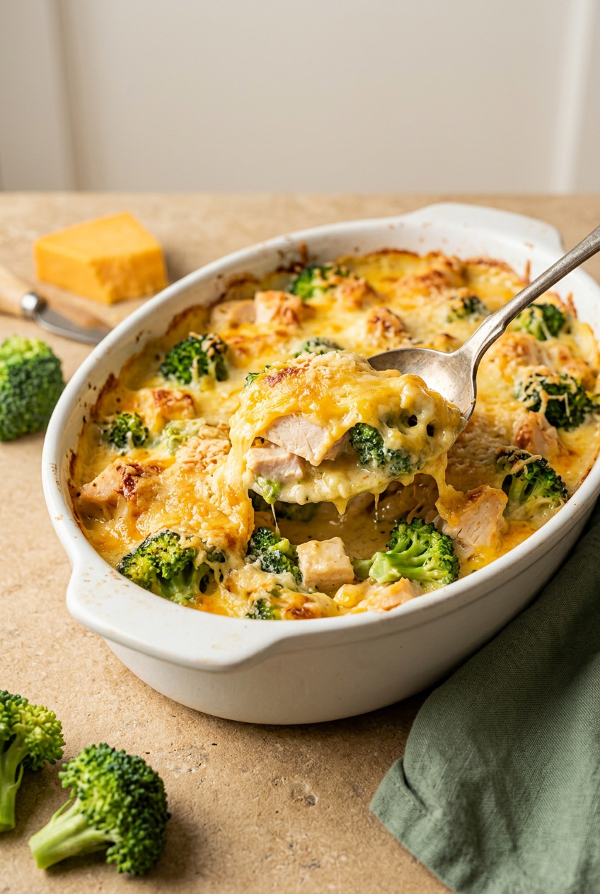 Chicken divan casserole in a white baking dish with golden breadcrumb crust and broccoli