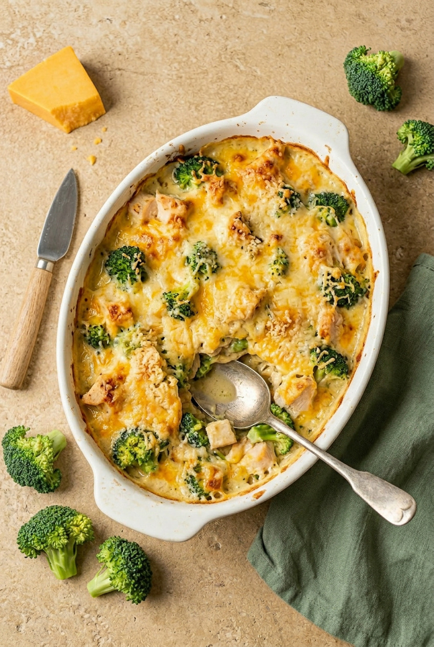 Overhead of chicken divan casserole with golden breadcrumb topping