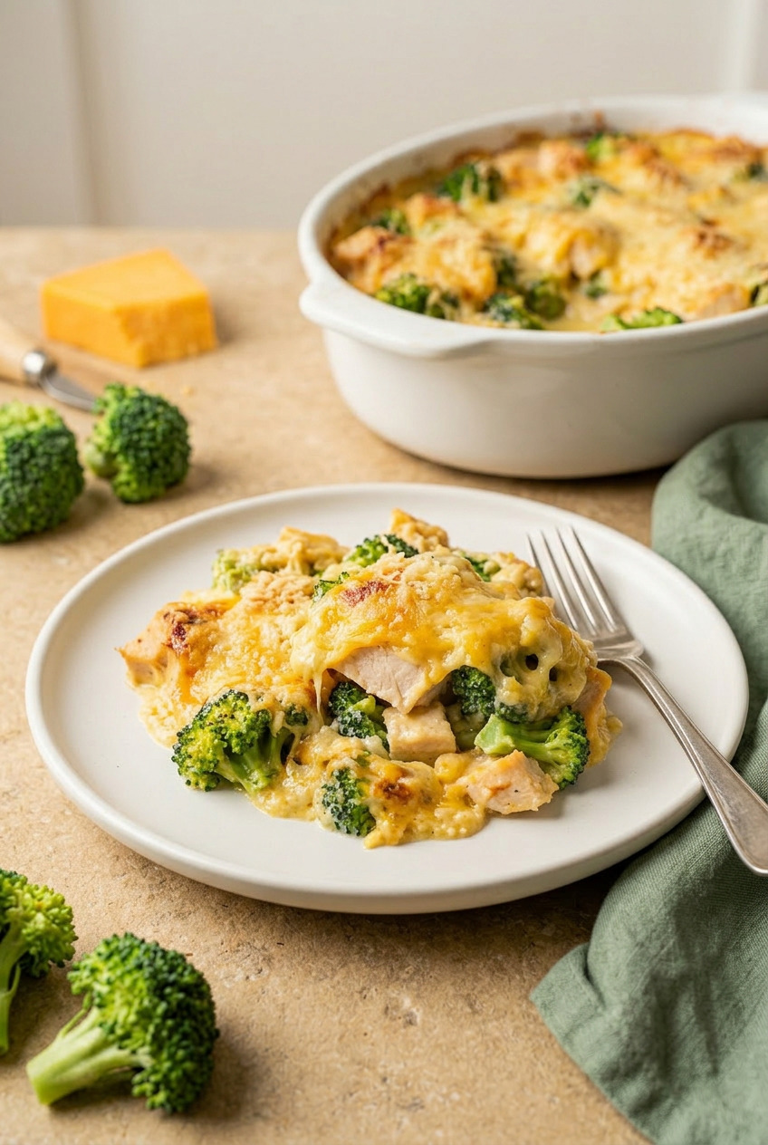 Serving of chicken divan on a white plate with fork
