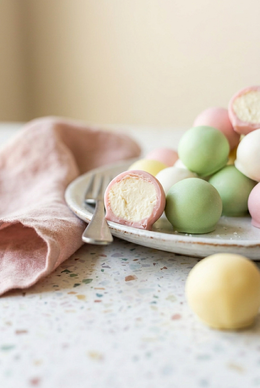 Close-up of a Cool Whip candy truffle cut in half showing the creamy frozen center inside a chocolate shell