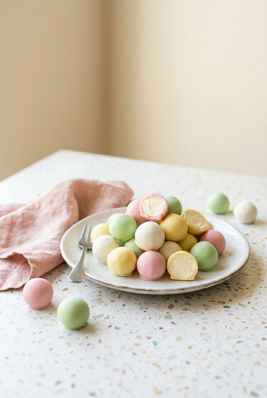 Cool Whip candy truffles coated in chocolate arranged on parchment paper with sprinkles