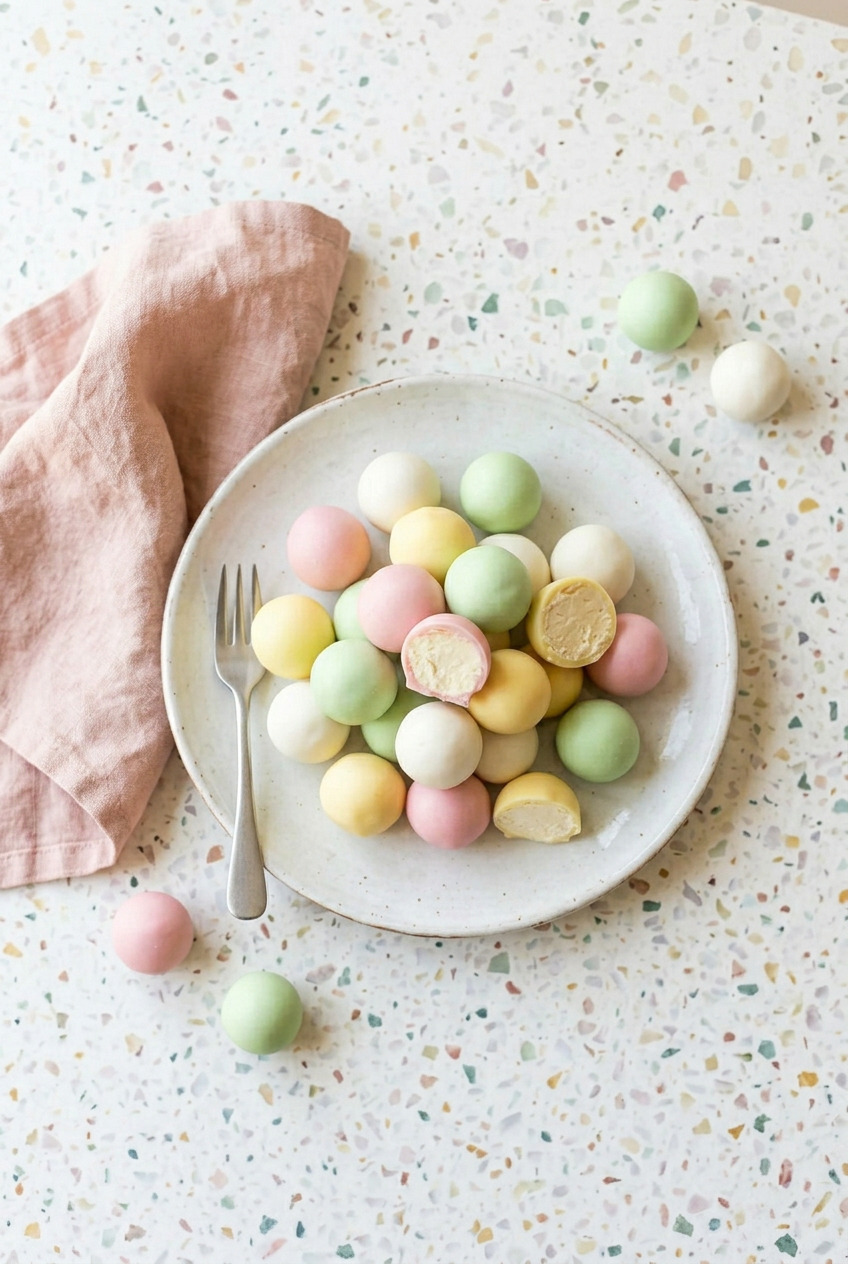 Overhead view of Cool Whip candy truffles on a baking sheet, some coated in dark chocolate and some in white chocolate with colorful sprinkles