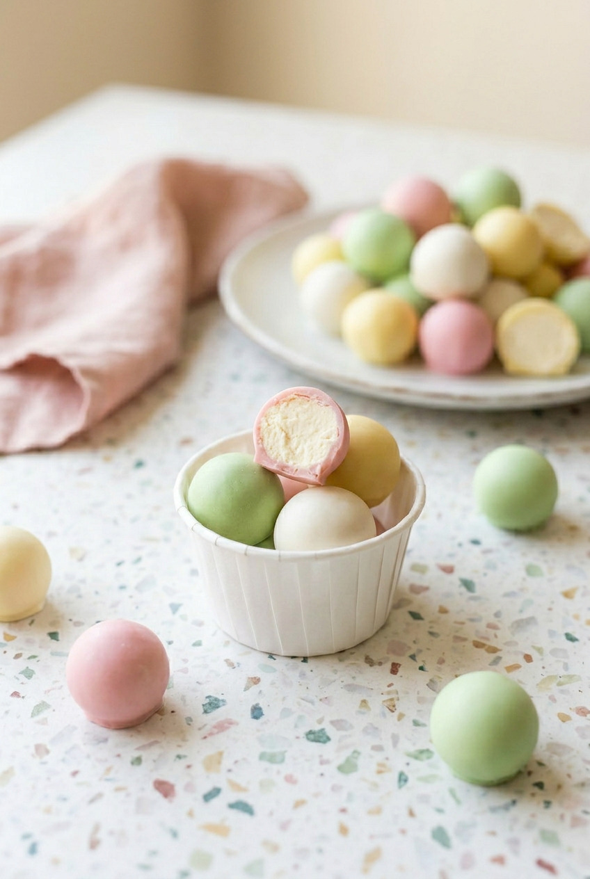 Cool Whip candy truffles arranged on a plate ready to serve with a mix of dark and white chocolate coatings