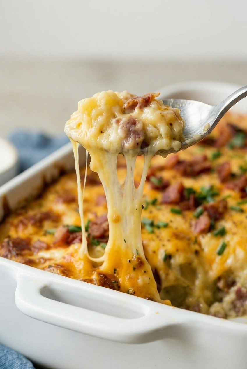 Close-up of cheesy crack potatoes showing melted cheddar and crispy bacon bits