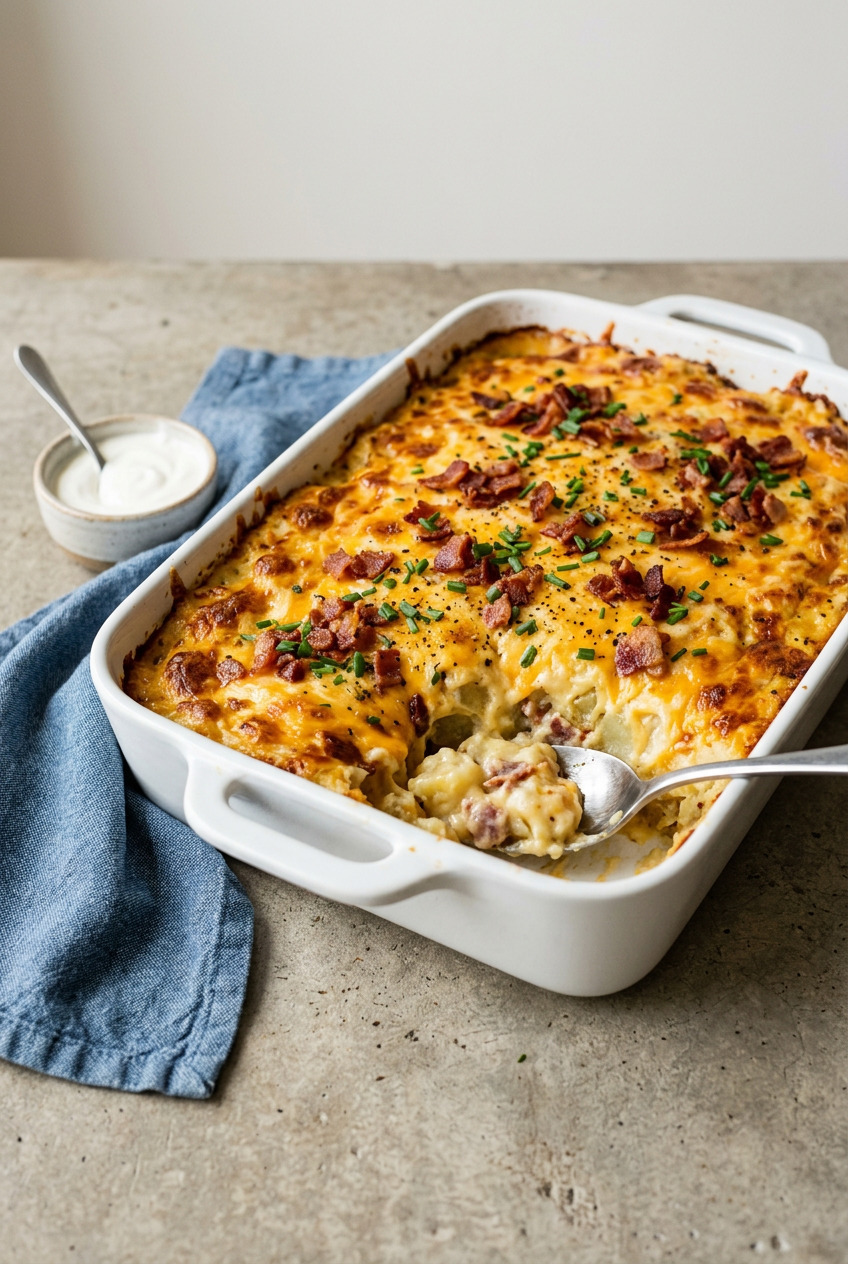 Cheesy crack potatoes casserole with melted cheddar and bacon in a baking dish