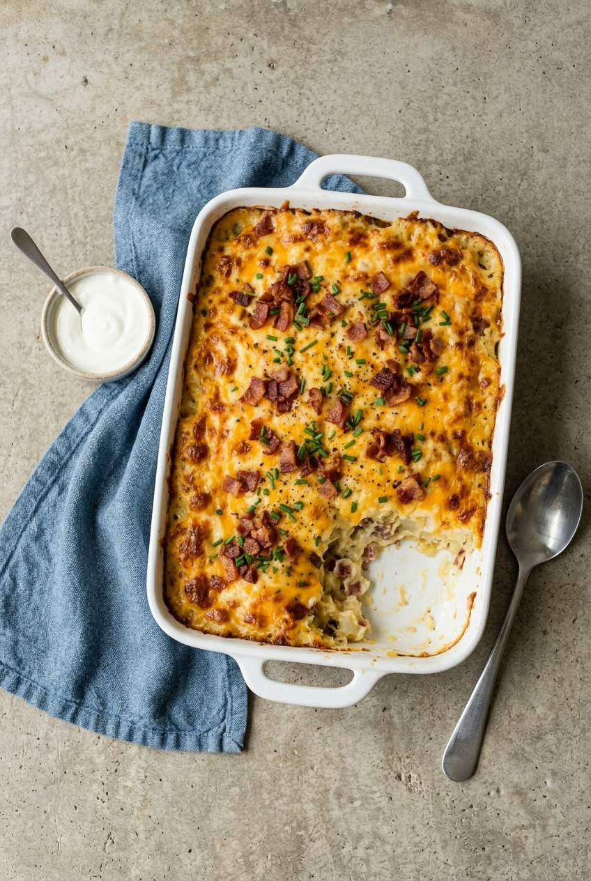 Overhead view of crack potatoes casserole with golden cheddar top