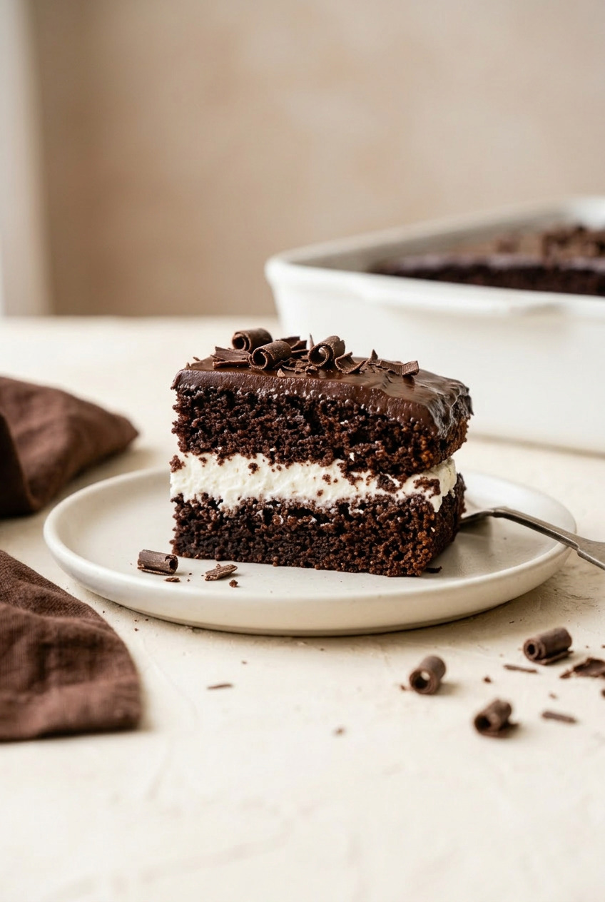 Close-up slice of ding dong cake showing cream filling between chocolate layers