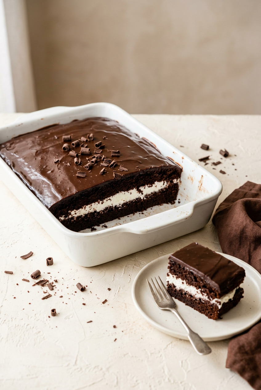 Ding dong cake with chocolate ganache topping in a baking dish