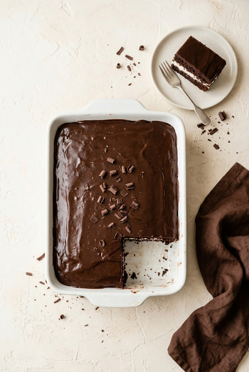 Overhead view of ding dong cake showing the glossy chocolate ganache layer