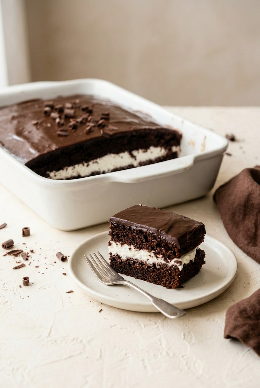 Slice of ding dong cake on a plate with a fork