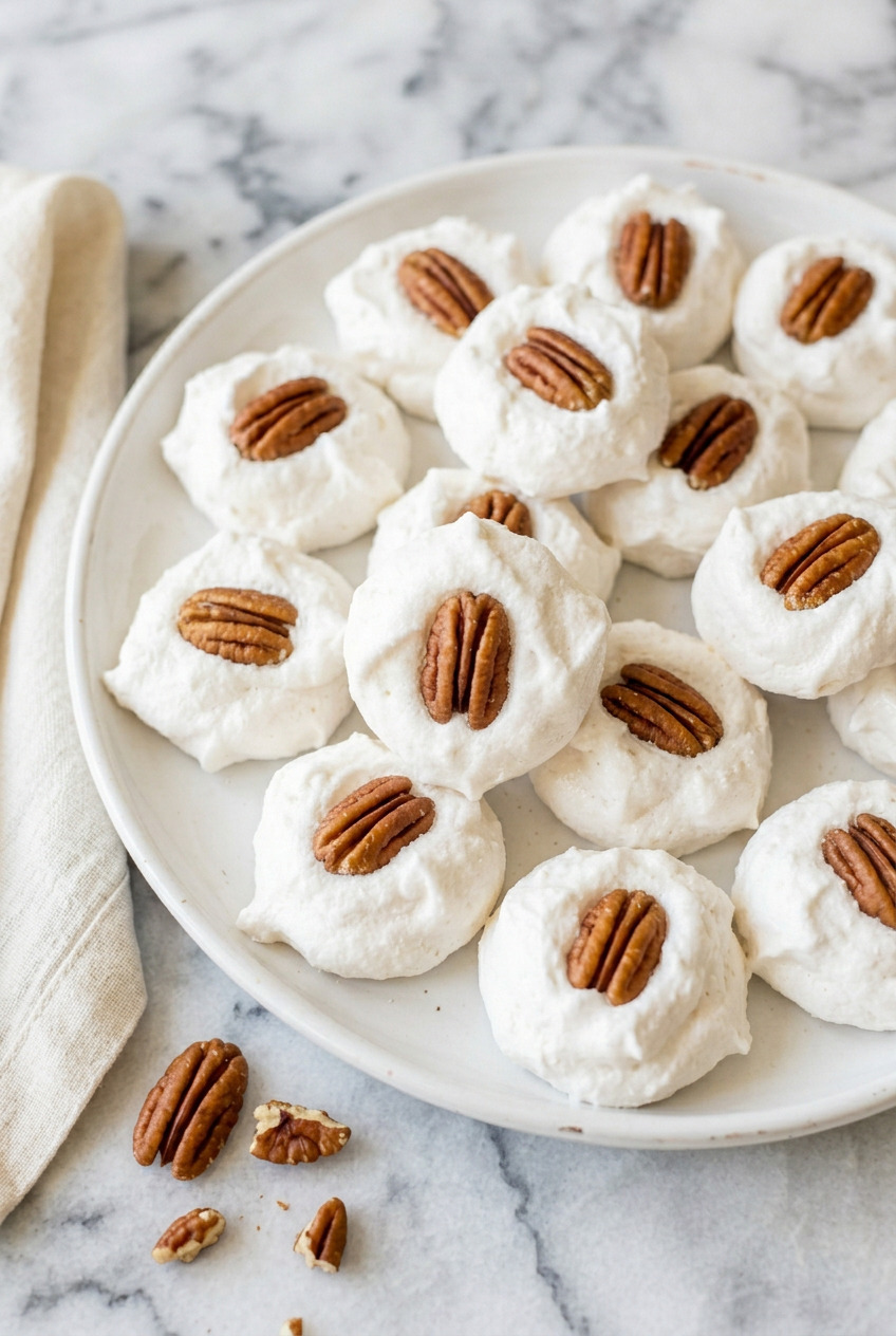 Divinity candy mounds with pecans on a platter