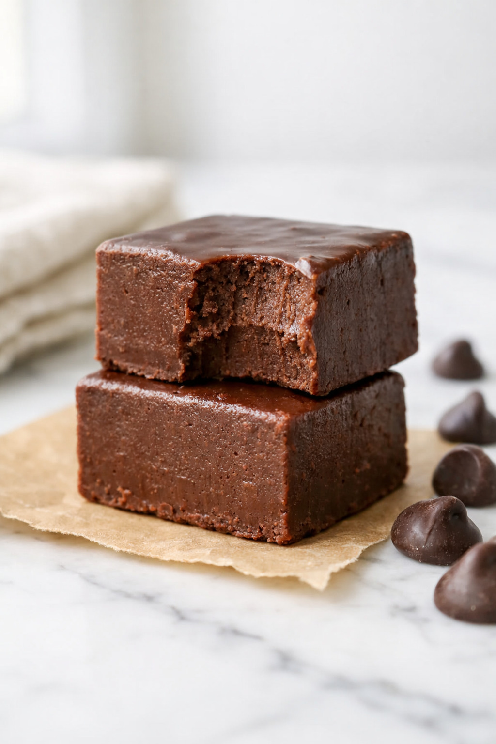 Close-up of Eagle Brand fudge square showing smooth dense chocolate texture with shiny top