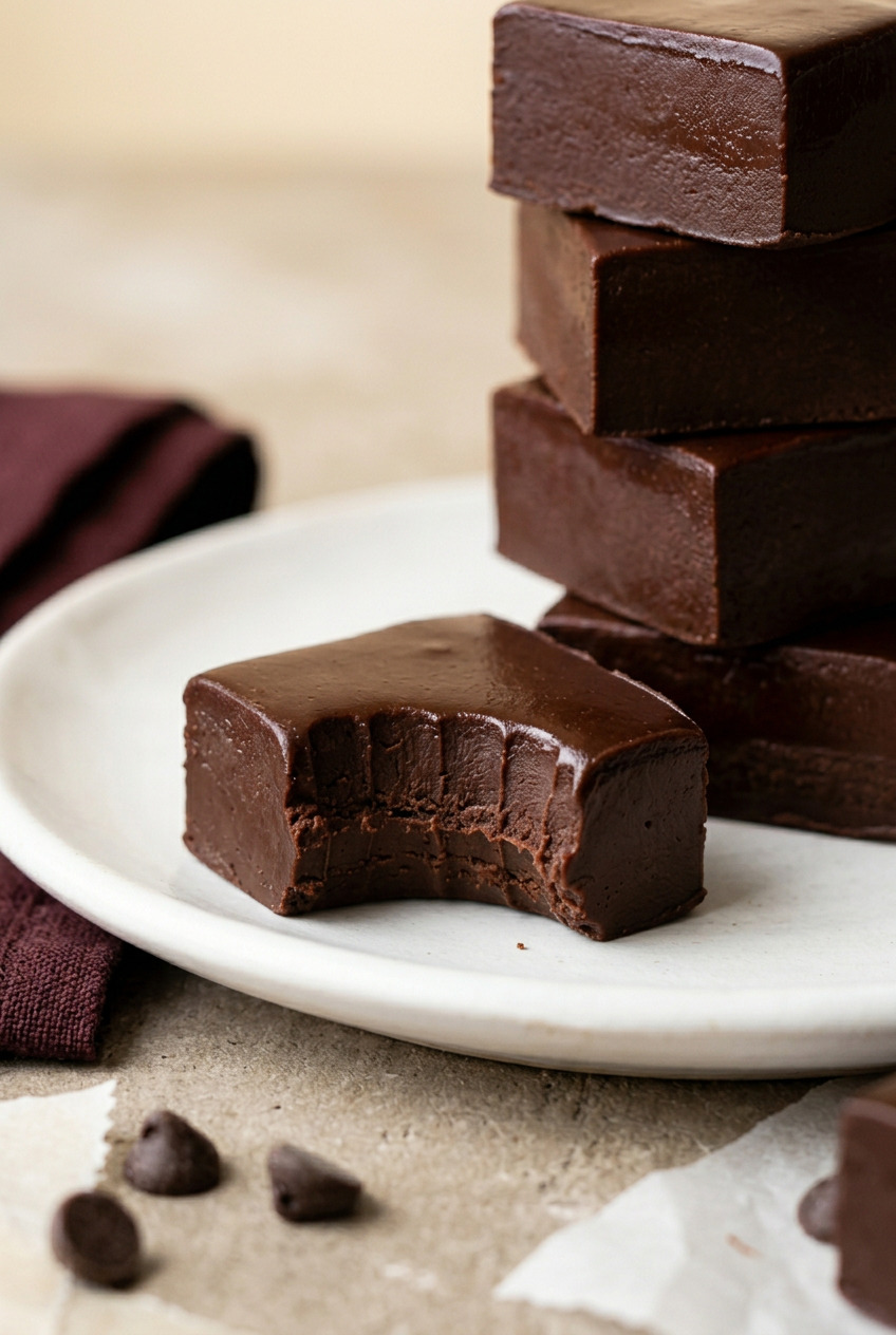 Stack of Eagle Brand fudge squares on a white marble surface showing rich dark chocolate interior