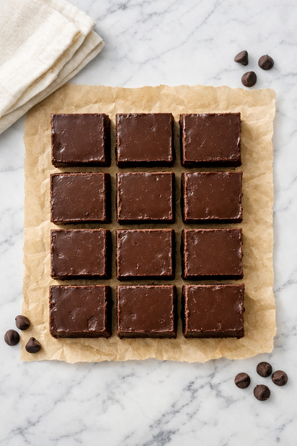 Overhead view of Eagle Brand fudge squares arranged on parchment paper showing smooth chocolate tops