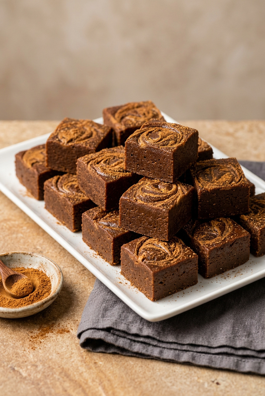 Gingerbread fudge squares arranged on a plate showing creamy texture with warm spice swirls