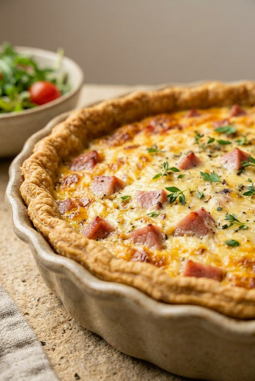 Close-up slice of ham and cheese quiche showing custard filling