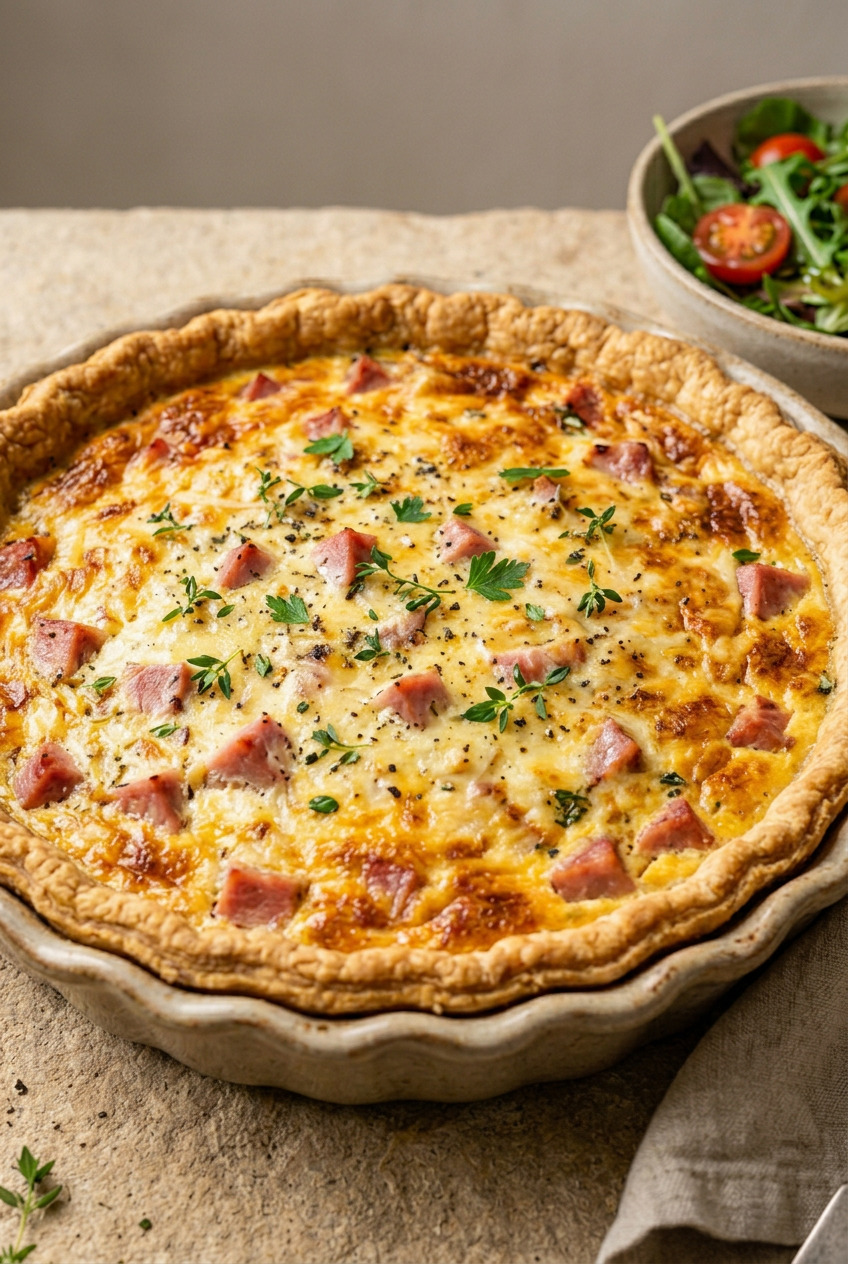 Ham and cheese quiche in a white pie dish with golden top
