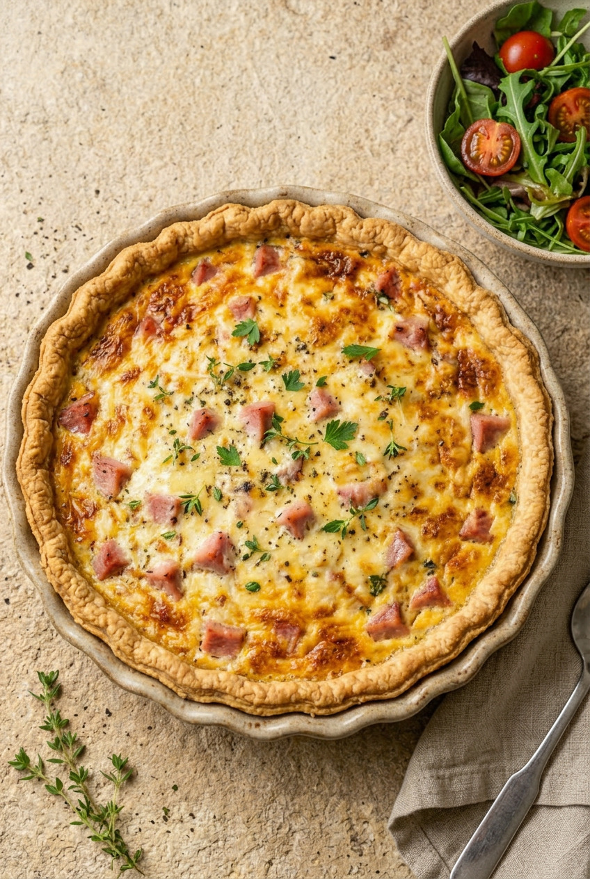 Overhead view of ham and cheese quiche with a slice cut