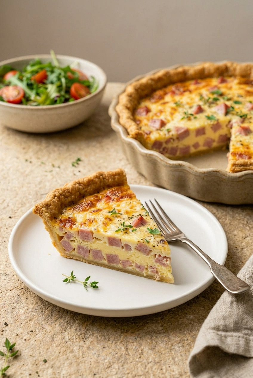 Two slices of ham and cheese quiche on plates