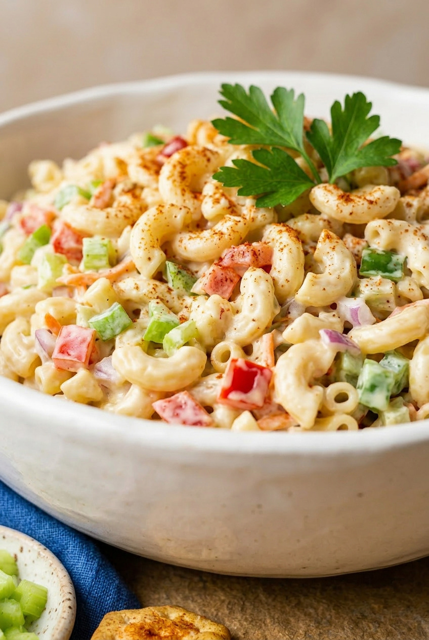 Close-up of a spoonful of creamy macaroni salad