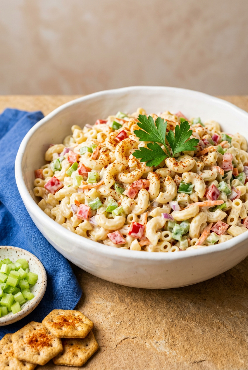Creamy macaroni salad in a glass bowl with paprika on top