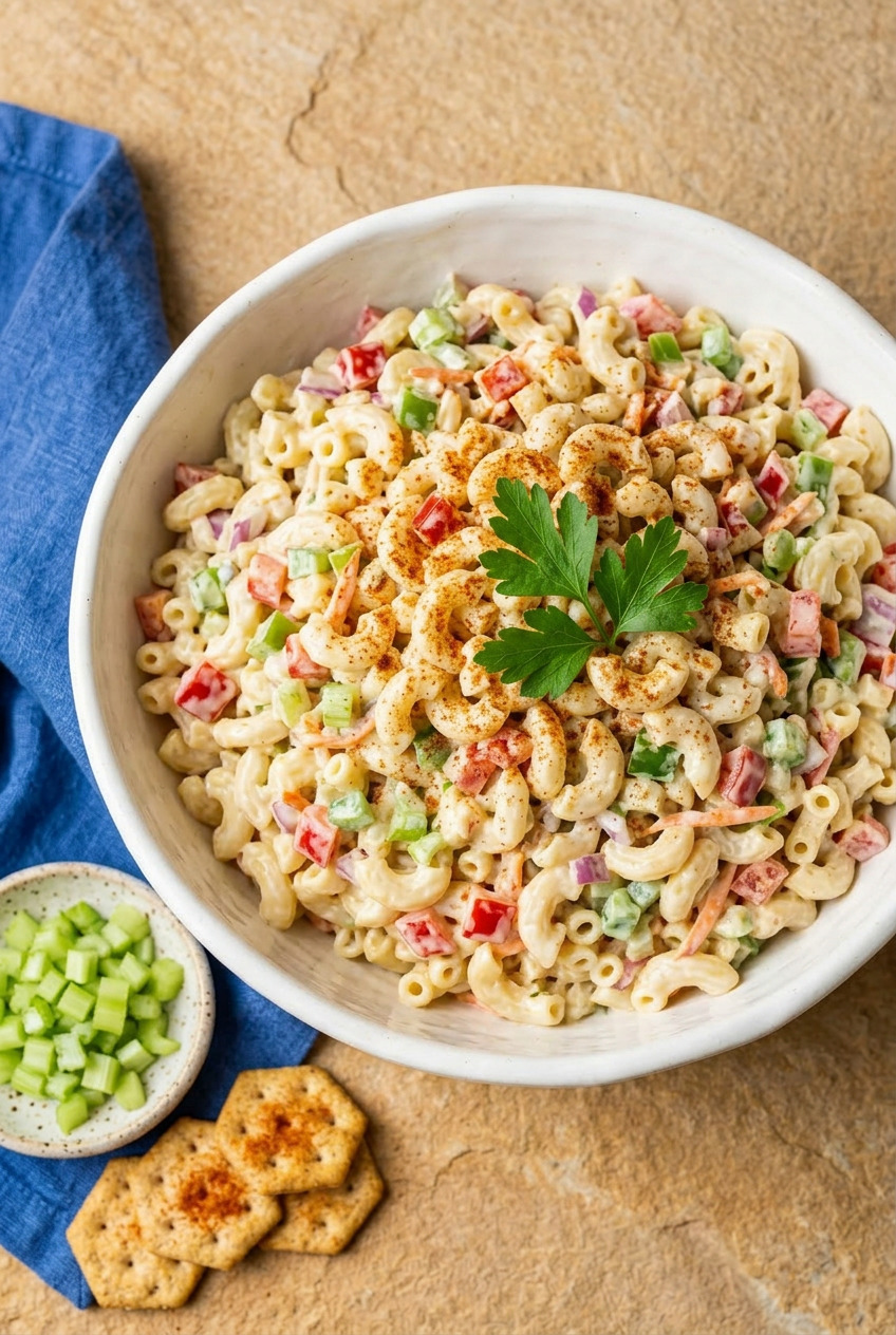 Overhead view of macaroni salad with celery and egg