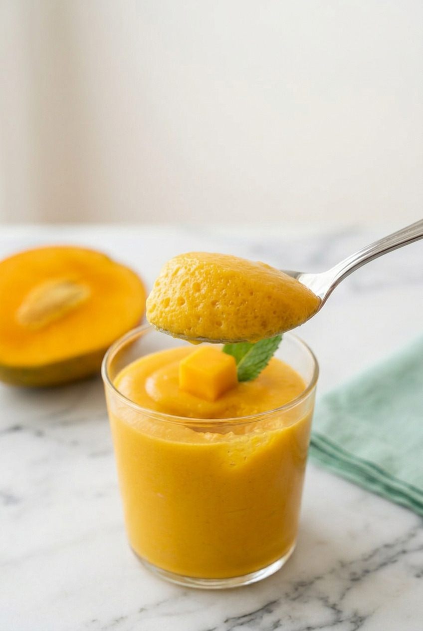 Close-up of a spoonful of mango mousse showing the airy texture