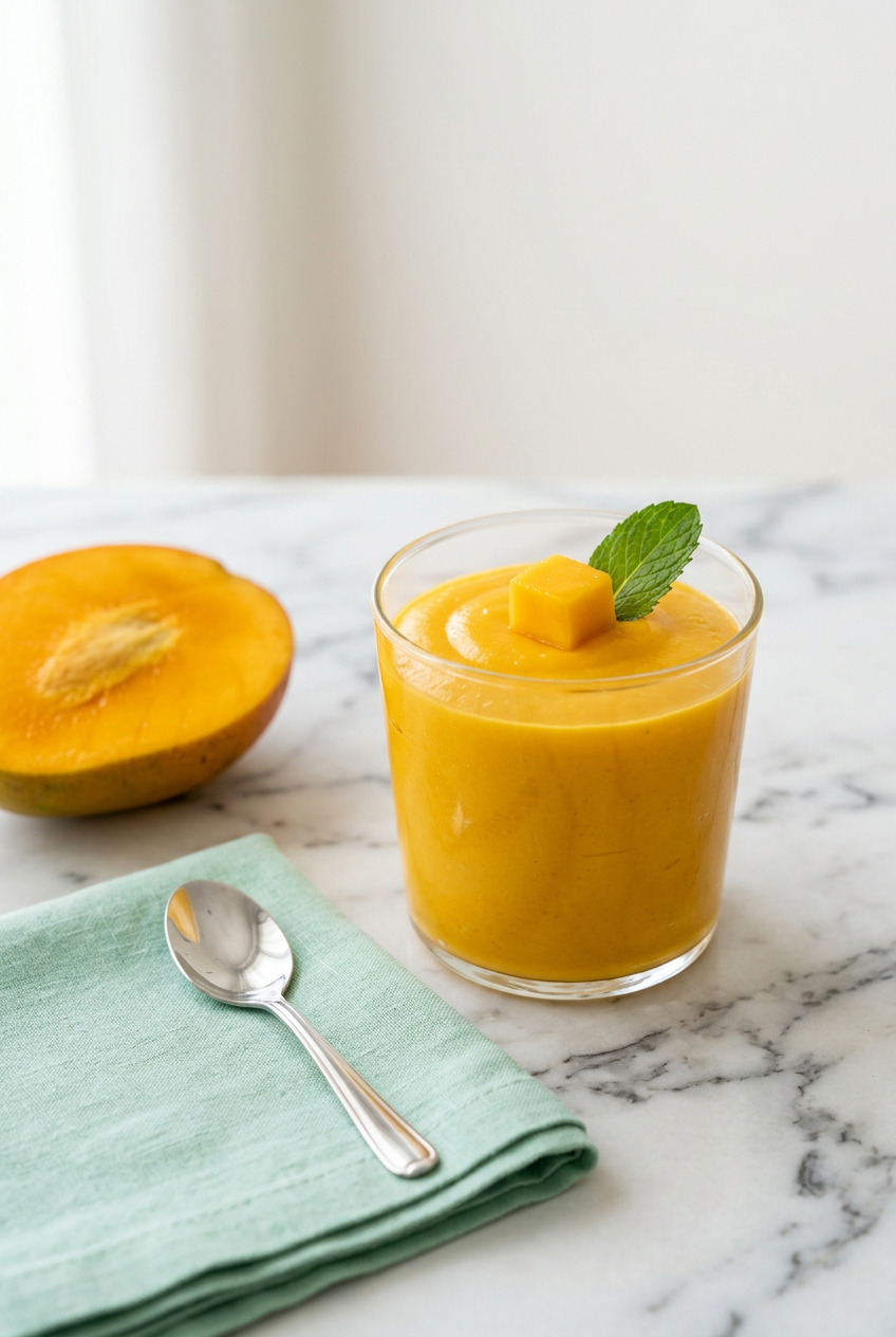 Mango mousse in glass dessert cups garnished with fresh mango and mint