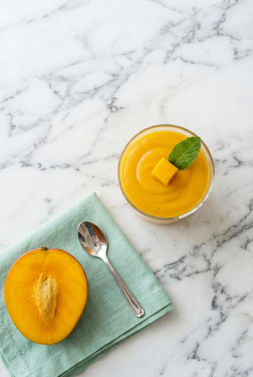 Overhead view of mango mousse in glass cups on white marble